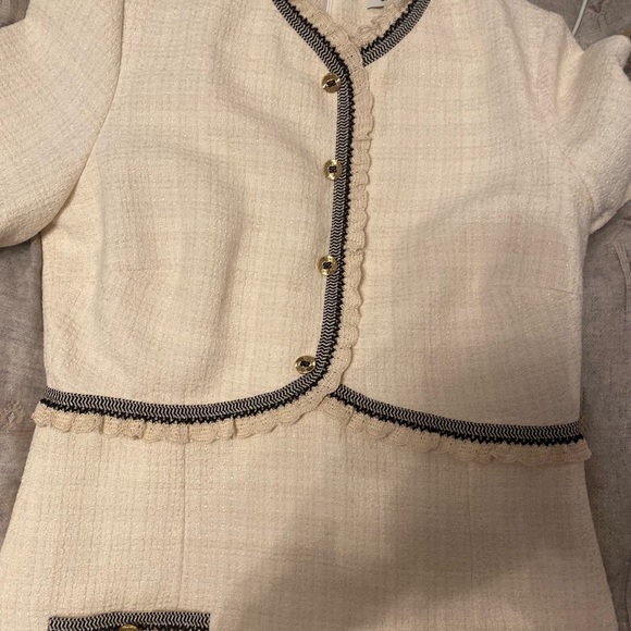 Sandro Paris Tweed Dress in Ecru • Gold accent buttons • Black lace trim - Picture 6 of 7